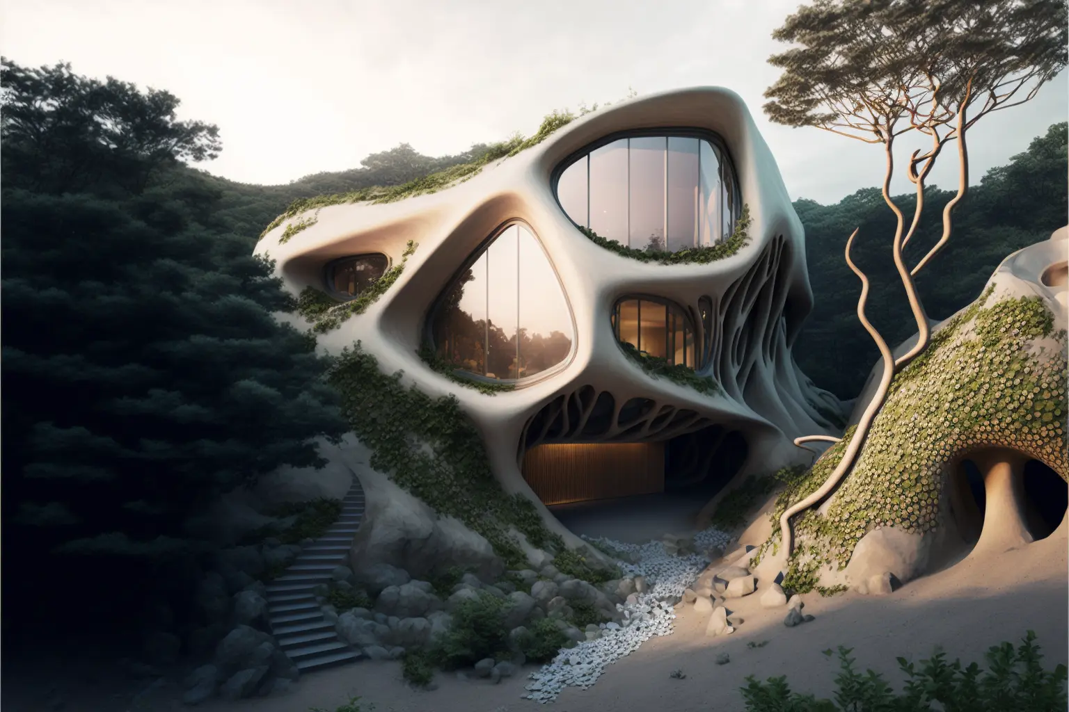organic house embedded into the hilly terrain designed by Kengo Kuma, architectural photography, style of archillect, futurism, modernist architecture 